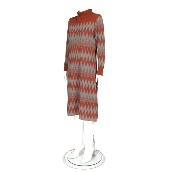 Vtg 1970's GOLDWORM Brown Gray Zig Zag Turtleneck Knit Sweater Dress sz M /250 - Picture 3 of 6
